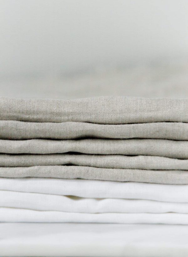 100% Linen Tea Towels stacked in the Bright White and Stone color