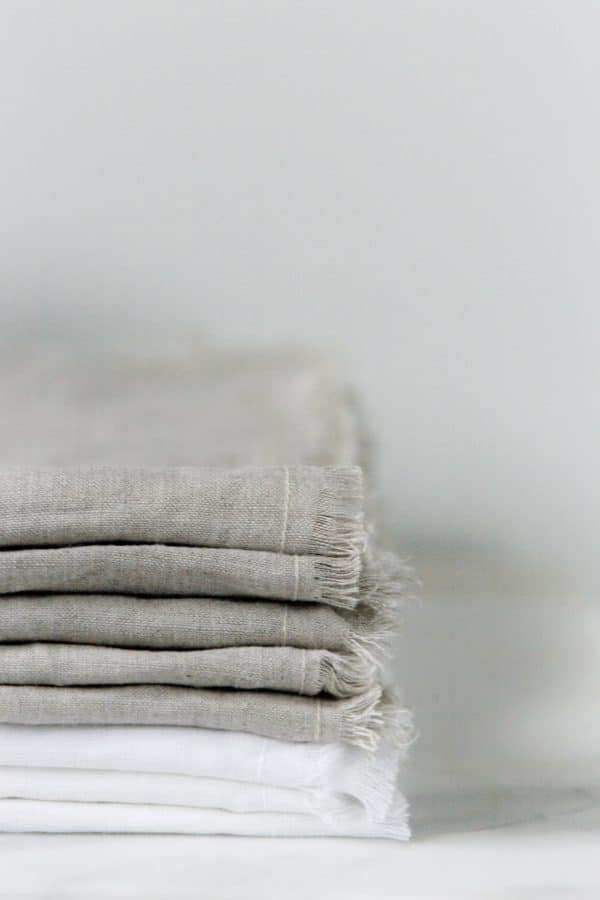 100% Linen Tea Towels stacked in the Bright White and Stone color