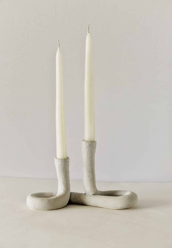 Double Stone Ceramic Taper Candle Holder "Infinity" with two white taper candles inside