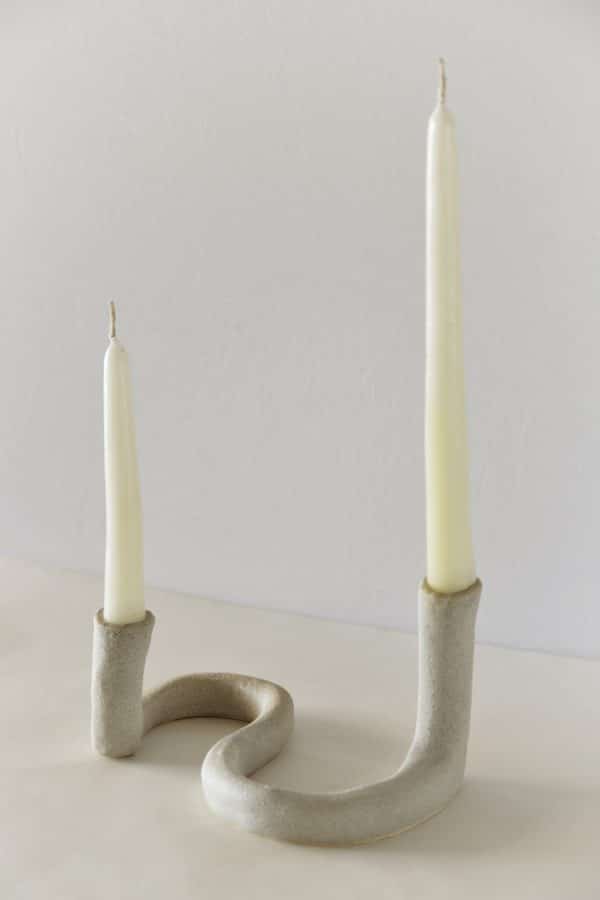 Double Stone Ceramic Taper Candle Holder "STRAND" with white taper candles