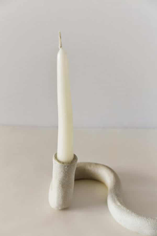 Close up of Double Stone Ceramic Taper Candle Holder "STRAND" with white taper candles