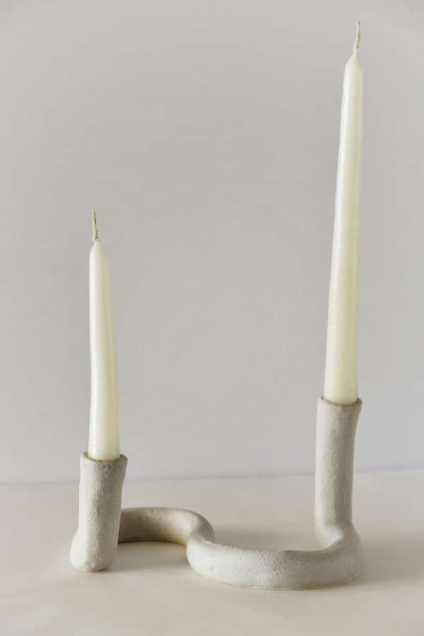 Double Stone Ceramic Taper Candle Holder "STRAND" with white taper candles