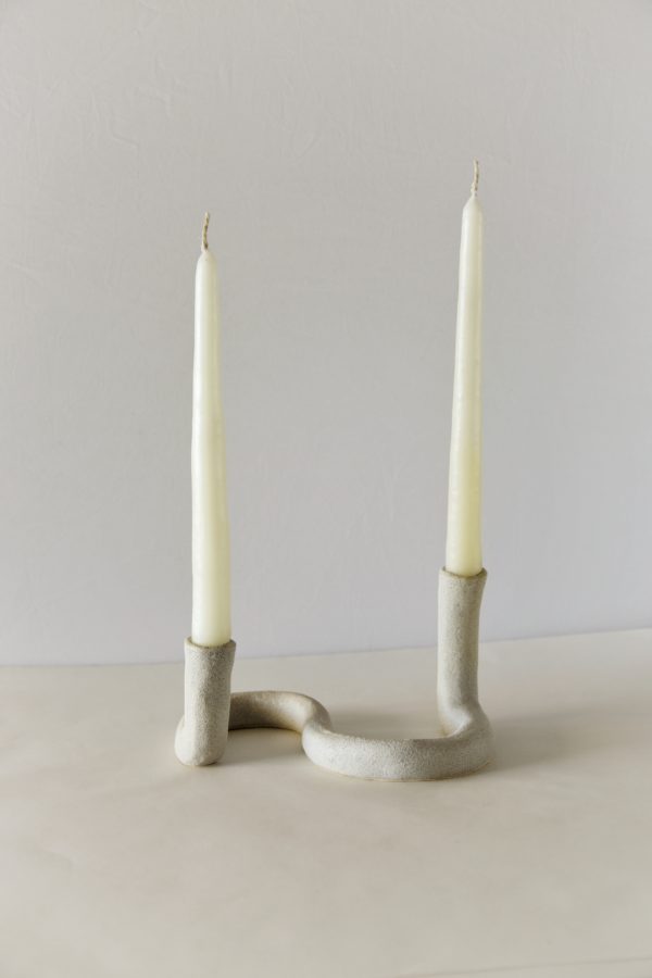 Double Stone Ceramic Taper Candle Holder "STRAND" with white taper candles