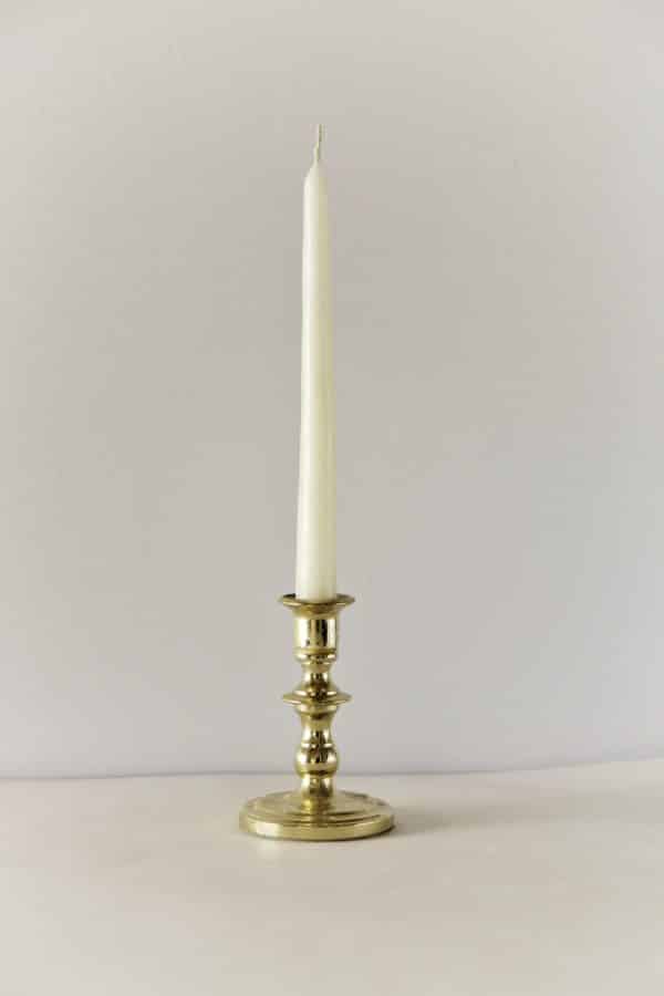 9" Inch White Sustainably Sourced Beeswax Candles in a Brass Candle Holder