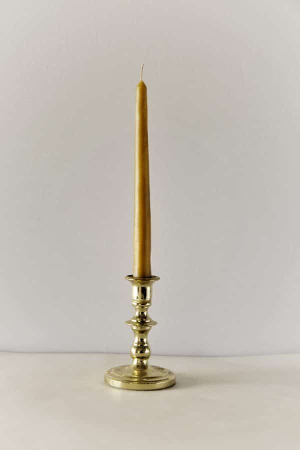 9" Inch Yellow Sustainably Sourced Beeswax Candles in a Brass Candle Holder