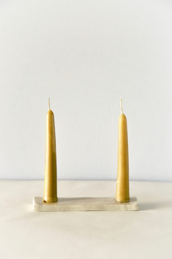 Crackled Ceramic Double Taper Candle Holder with a yellow taper candlesticks