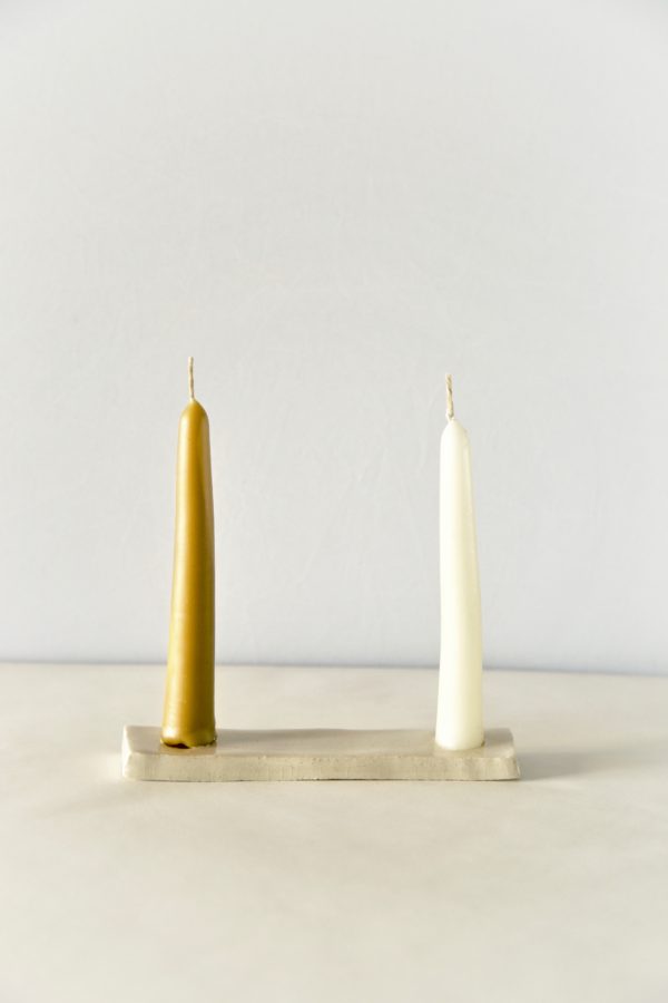 Crackled Ceramic Double Taper Candle Holder with a wthie and a yellow taper candlestick